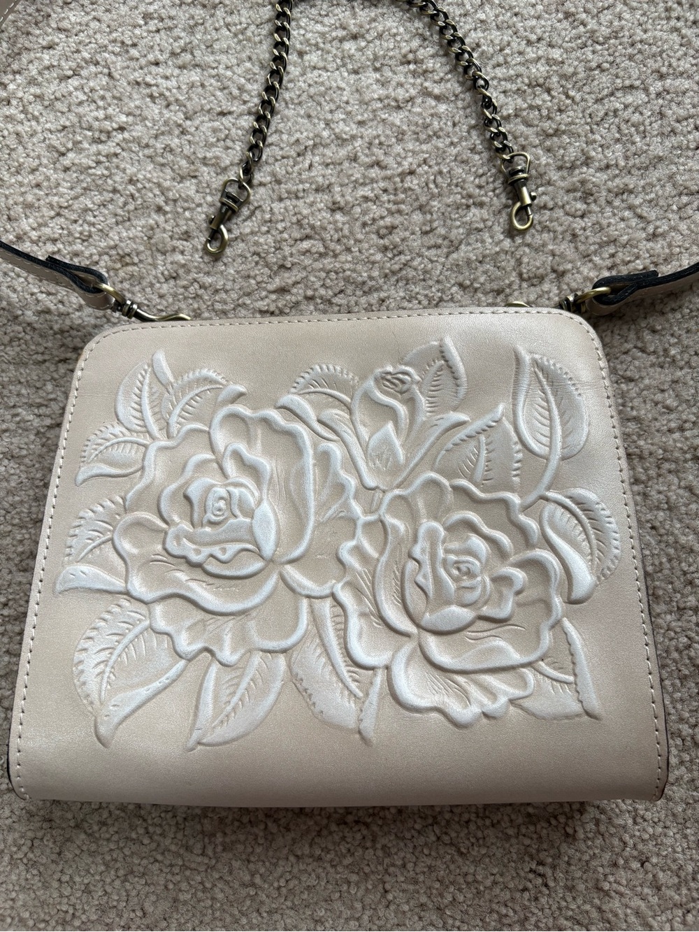 Patricia Nash Cream Embossed Floral Leather Crossbody with Chain Accent - Picture 2 of 9